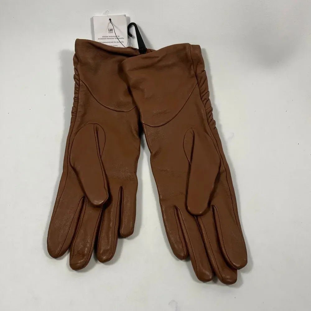 NEW Ugg Scrunched Leather Logo Gloves S Chestnut Brown Fall Winter Casual